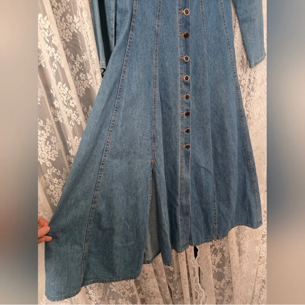 Vintage 1980s Pashu Denim Button Front Dress | Fitted Midi | Long Sleeve - Picture 6 of 9